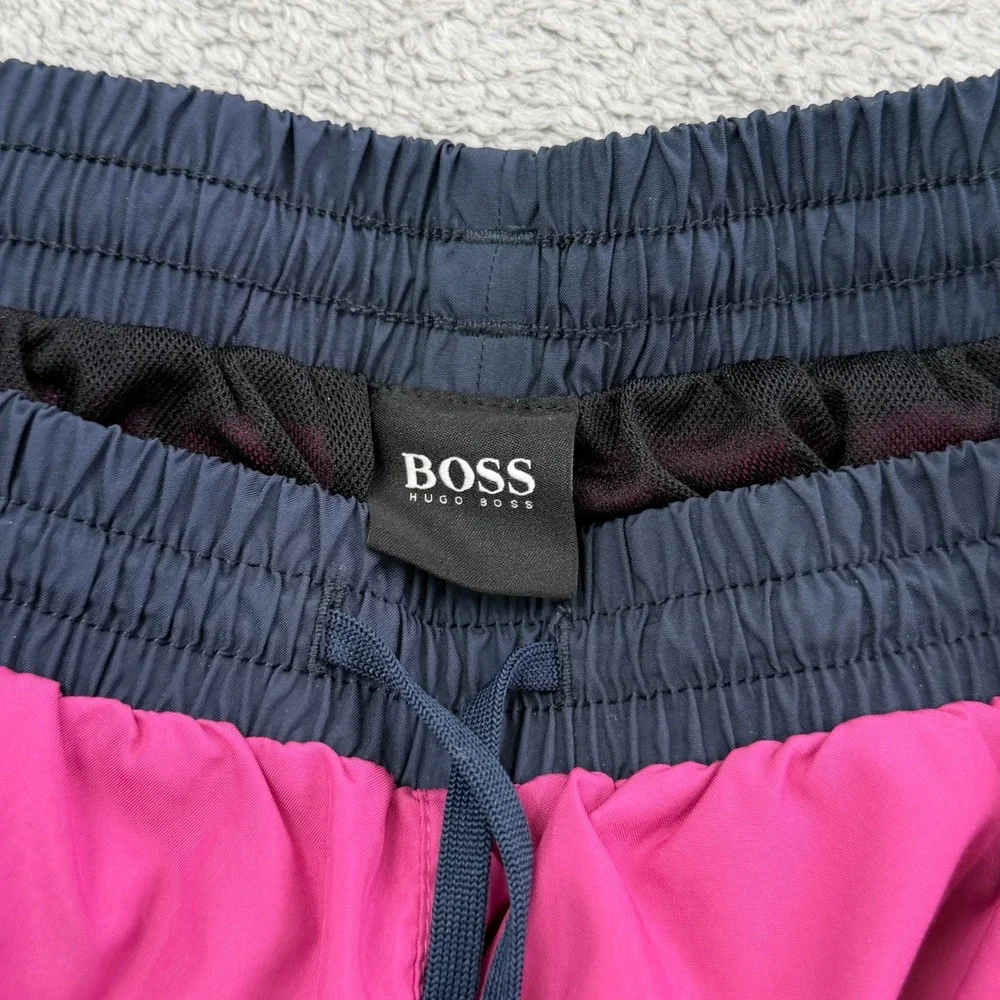 Hugo Boss Swim Shorts Mens M Pink Navy Blue Logo Drawstring Trunks
